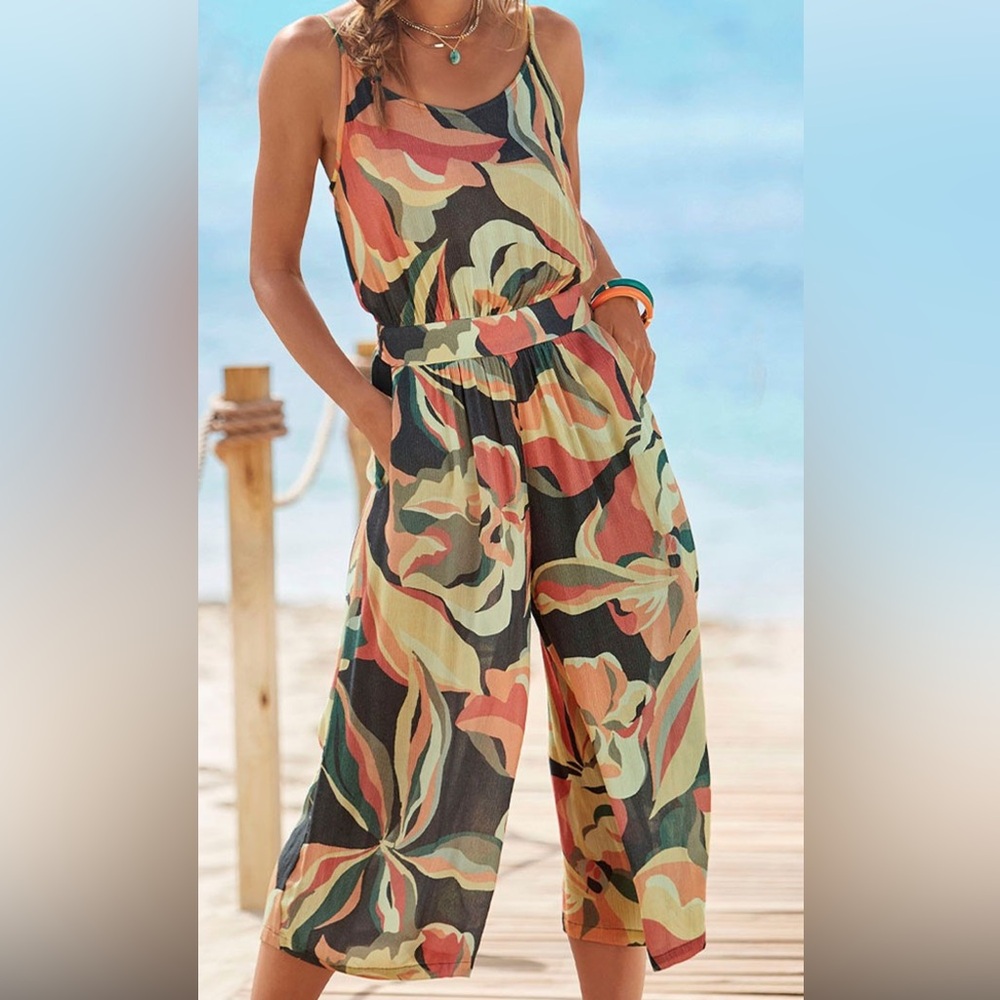 Sleeveless Wide-Leg Floral Print Jumpsuit - Multicolor